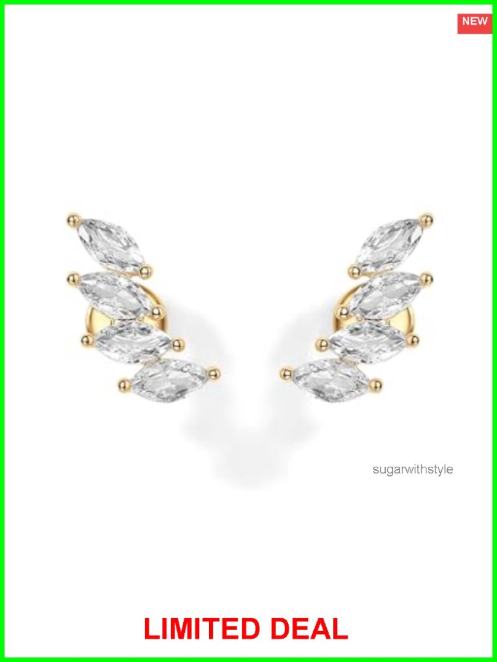 14K Gold Plated Navette CZ Crawler Stud Earrings Flat Back Screwback for Women